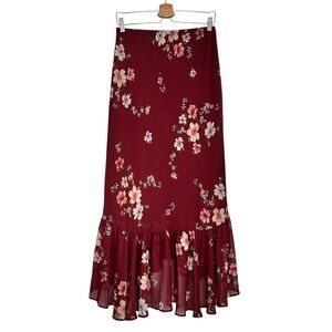 Burgundy Floral Print Maxi Skirt Size S Boho-Chic 00s Tiered Ruffle High-low y2k